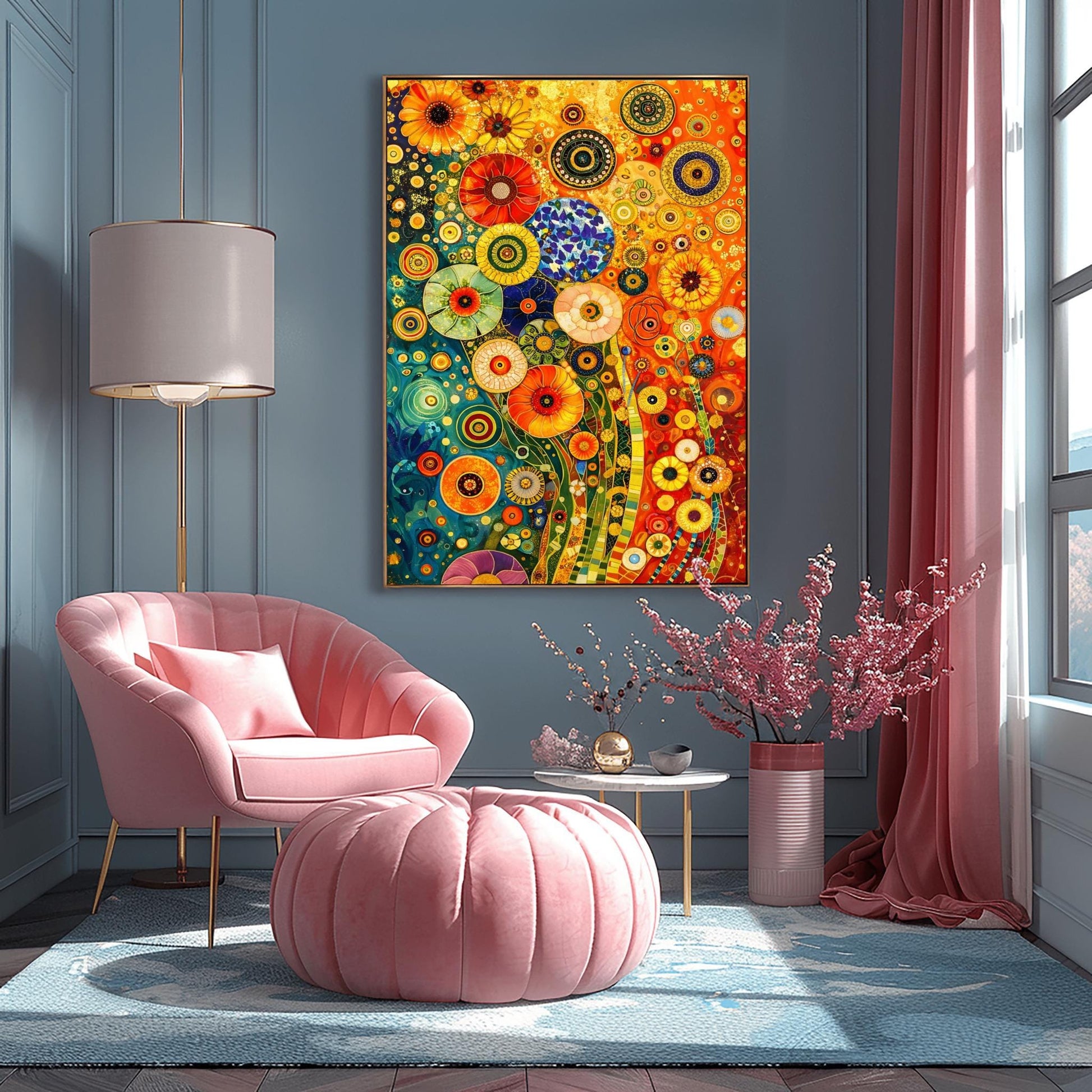 A vertical fine art print in the style of Gustav Klimt. A dense, abstract field of stylized flowers made of colorful mosaic circles and geometric patterns. The left side is a deep teal blue, while the right side is a warm, glowing orange. Shimmering gold flecks and tiled stems wind through the composition.