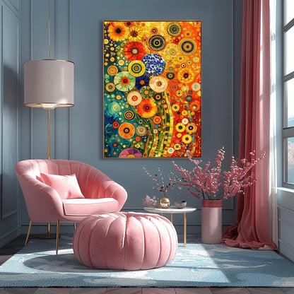 A vertical fine art print in the style of Gustav Klimt. A dense, abstract field of stylized flowers made of colorful mosaic circles and geometric patterns. The left side is a deep teal blue, while the right side is a warm, glowing orange. Shimmering gold flecks and tiled stems wind through the composition.