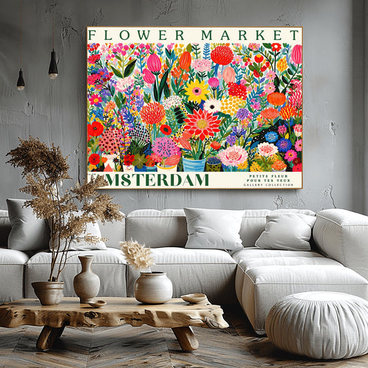 A vibrant, colorful exhibition poster titled "FLOWER MARKET" at the top and "AMSTERDAM" at the bottom left. The illustration is a dense, edge-to-edge maximalist painting of hundreds of flowers in bright shades of red, pink, yellow, purple, and blue. Towering pink tulips, large red sunburst dahlias, and various smaller blossoms fill the frame, with the bases of the flower stalls and patterned flowerpots visible along the very bottom edge.