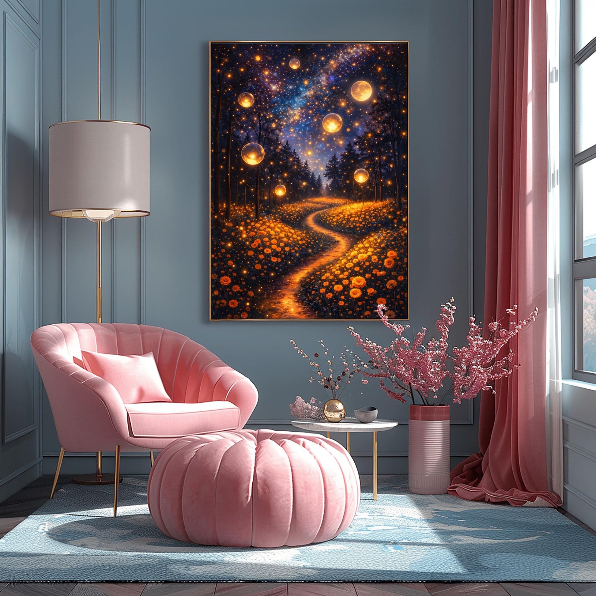 A vertical fine art print in the style of Gustav Klimt. Several large, glowing golden orbs float in a dark forest above a meadow of orange wildflowers. A winding path of golden light leads into the trees. The night sky is filled with a brilliant Milky Way and a large, glowing full moon.
