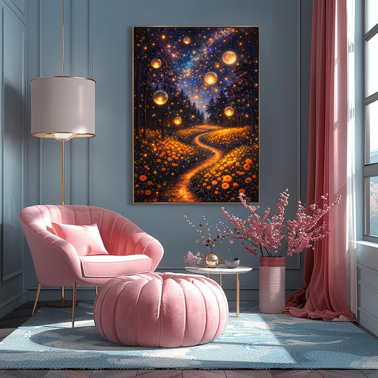 A vertical fine art print in the style of Gustav Klimt. Several large, glowing golden orbs float in a dark forest above a meadow of orange wildflowers. A winding path of golden light leads into the trees. The night sky is filled with a brilliant Milky Way and a large, glowing full moon.