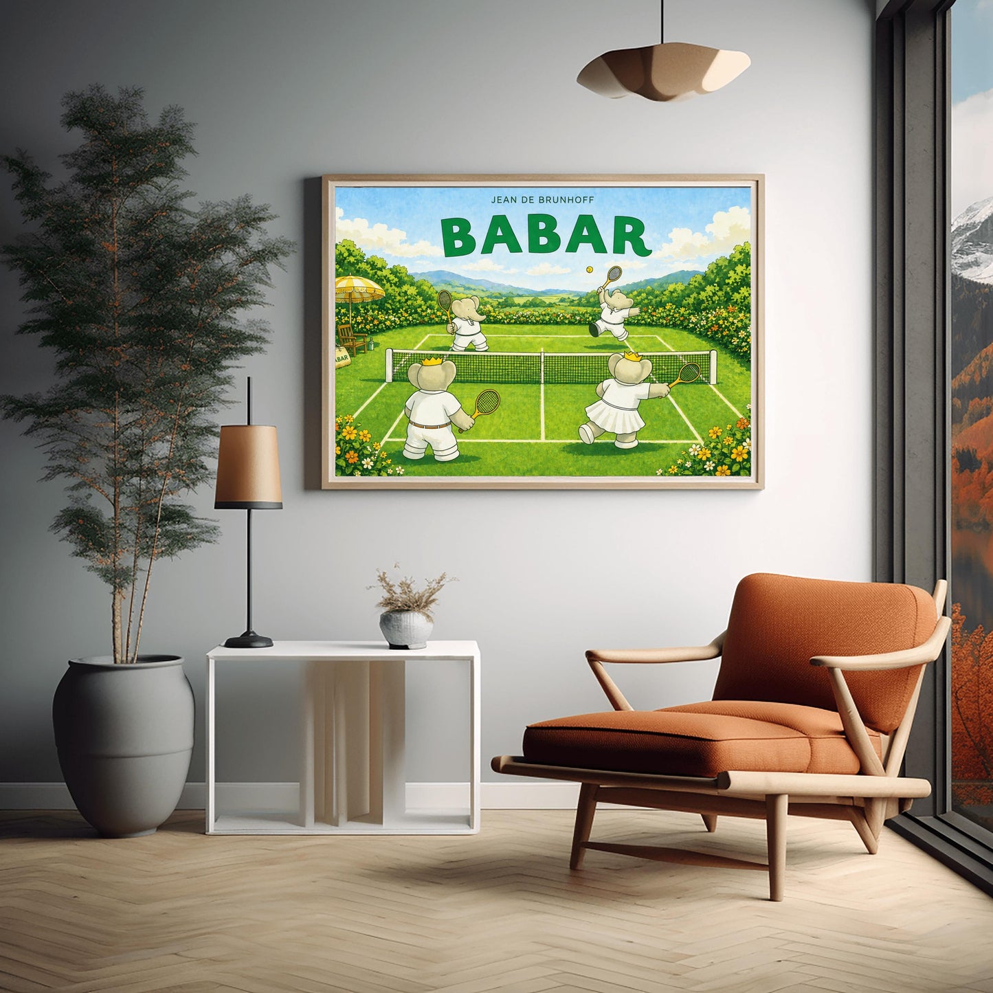 A horizontal watercolor-style illustration of four elephants playing tennis on a bright green grass court. Two elephants in the foreground have their backs to the viewer and wear small gold crowns; one wears a white tennis dress and the other a white shirt and trousers. Two other elephants are across the net, with one jumping to hit a yellow ball. The court is surrounded by yellow and orange flowers, with a yellow-striped umbrella on the left and rolling blue hills in the far distance