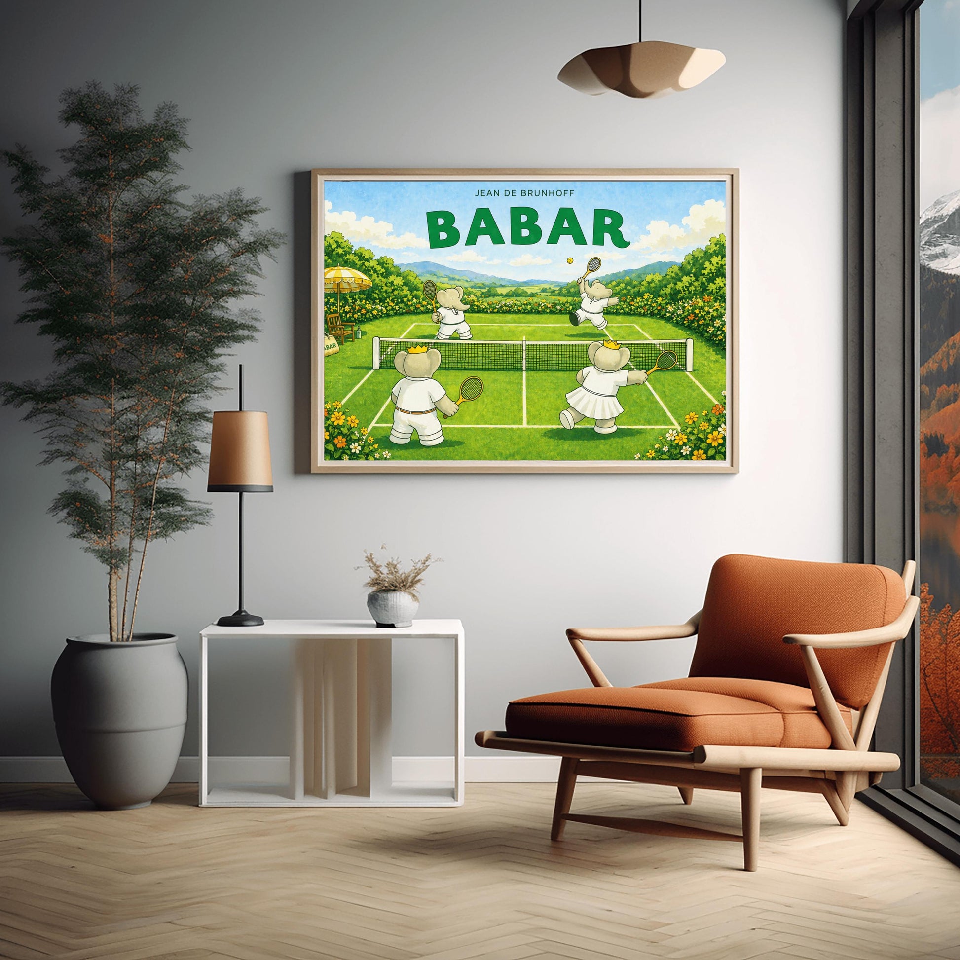 A horizontal watercolor-style illustration of four elephants playing tennis on a bright green grass court. Two elephants in the foreground have their backs to the viewer and wear small gold crowns; one wears a white tennis dress and the other a white shirt and trousers. Two other elephants are across the net, with one jumping to hit a yellow ball. The court is surrounded by yellow and orange flowers, with a yellow-striped umbrella on the left and rolling blue hills in the far distance