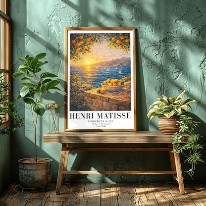 A vertical painterly illustration of a Mediterranean sunset. A low sun shines over a blue sea with sailboats, casting a golden reflection. In the foreground, a bowl of oranges sits on a stone wall. Orange tree branches frame the top of the scene.