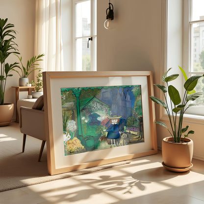 A horizontal whimsical painting of a young girl, Madeline, in a yellow hat and blue coat standing in a lush flower market. She is holding a small white flower and stands next to a small yellow dog. The scene is filled with white lilies, yellow flowers, and various green plants. A green watering can sits on the ground. In the background, large blue cathedral spires rise into a dark blue sky. The painting has a thick, textured style with visible brushstrokes and the signature "Bemelmans"