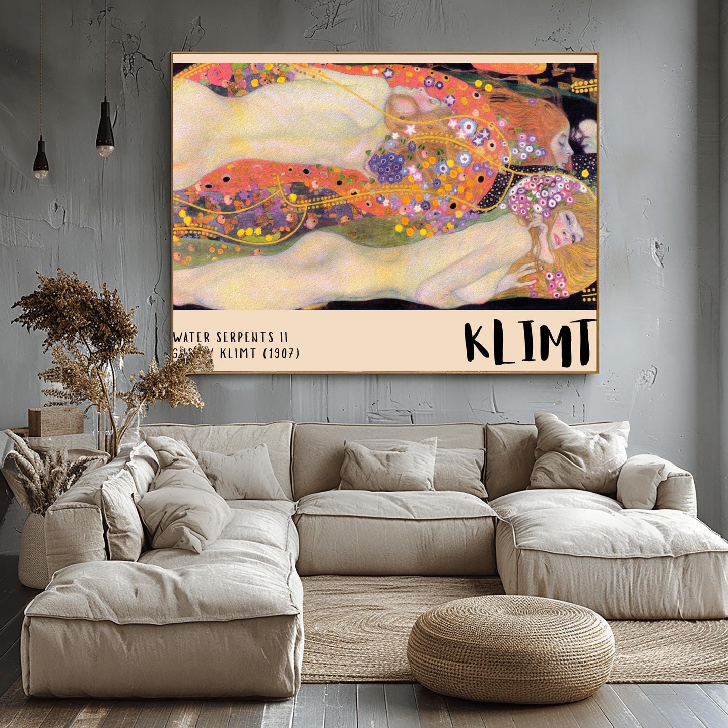 A horizontal museum exhibition poster featuring Gustav Klimt's 1907 painting "Water Serpents II." Reclining female figures are surrounded by a sea of golden spirals, blue and purple flowers, and ornate patterns. The bottom border is cream with bold black text reading "WATER SERPENTS II" and "KLIMT."