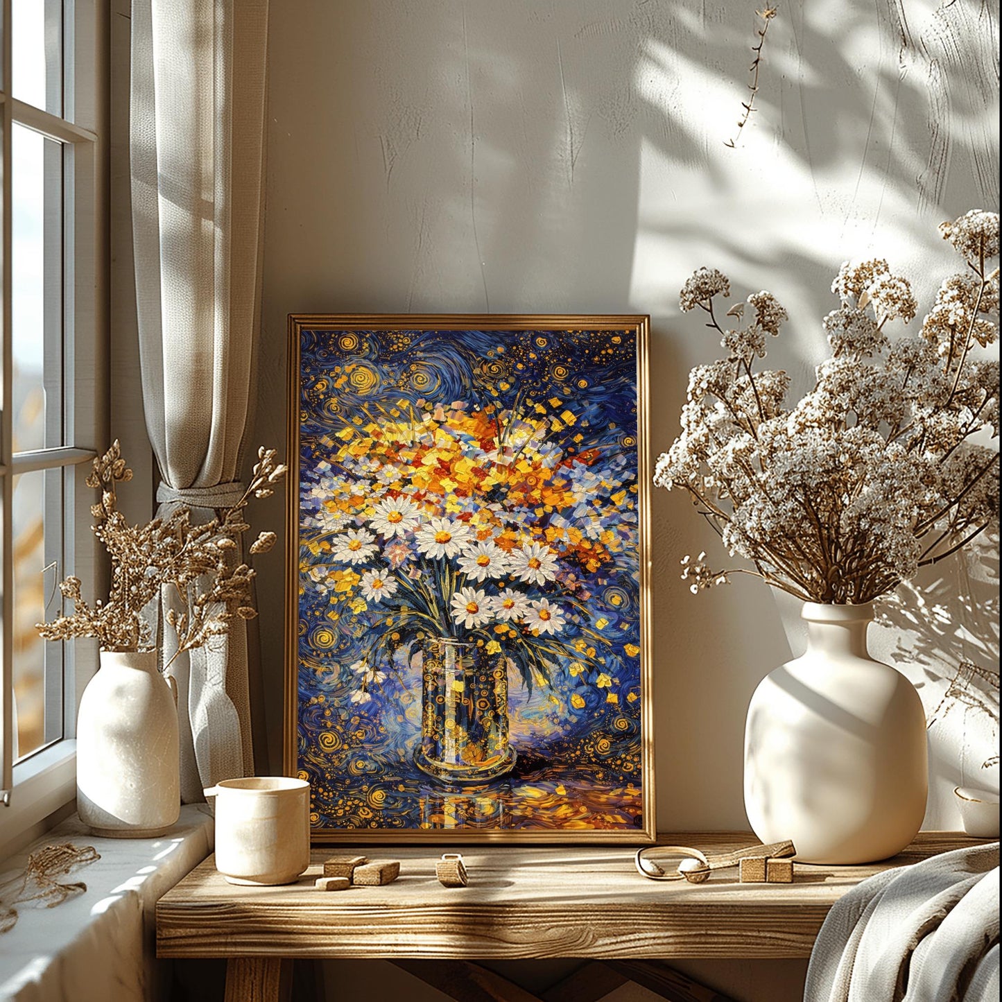 A vertical art print in the style of Gustav Klimt featuring a bouquet of white daisies with yellow centers in a tall, patterned gold vase. The vase is decorated with small black and gold circles. The background is a vibrant dark blue with swirling golden patterns and stars. The table surface below reflects the blue and gold light. The entire image is composed of intricate mosaic-like textures and shimmering metallic tones.