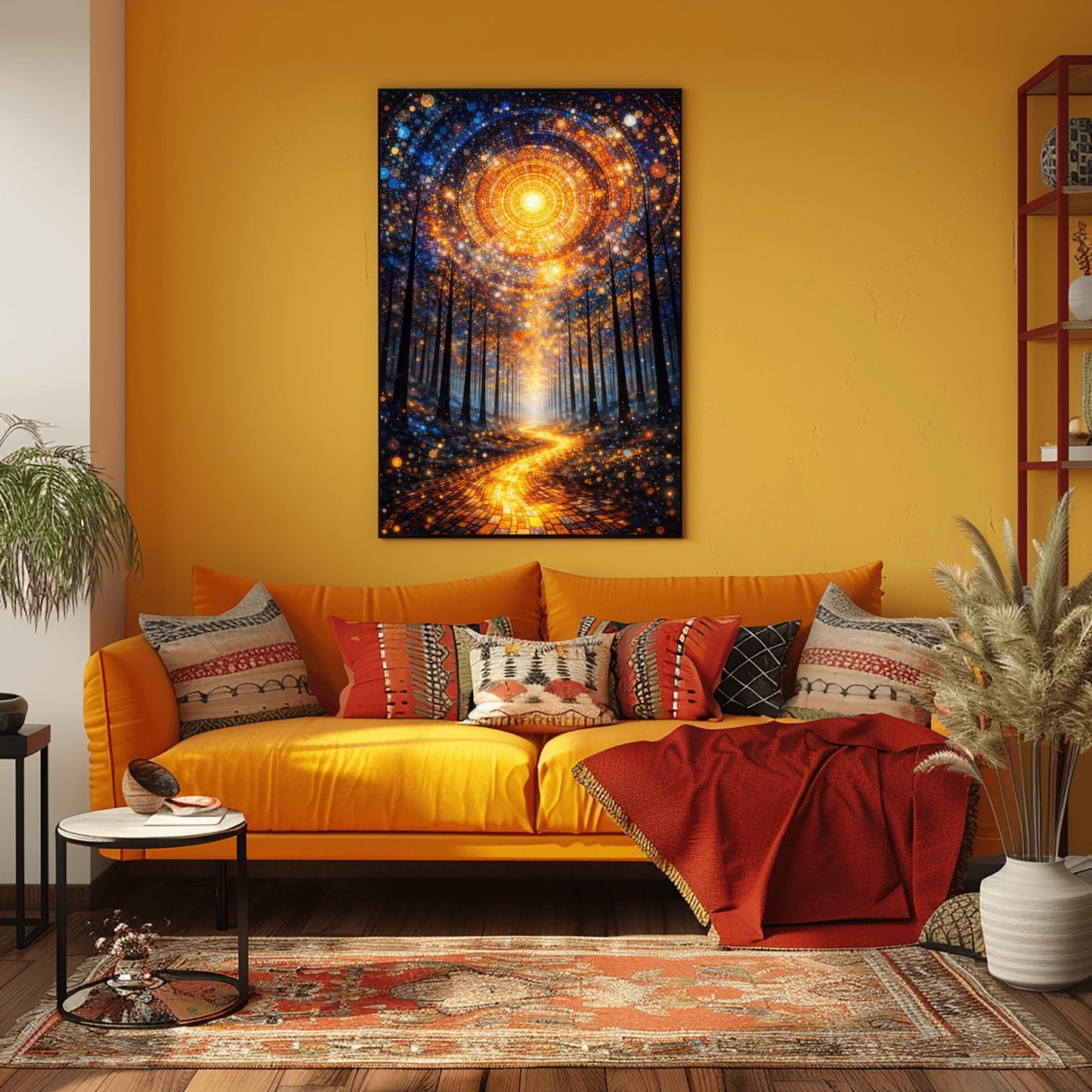 A vertical, highly detailed Art Nouveau illustration featuring a winding golden mosaic path leading through a dark forest toward a bright light. Above, a massive circular portal in the sky is made of intricate mosaic tiles in gold and blue. The scene is filled with shimmering golden stardust.