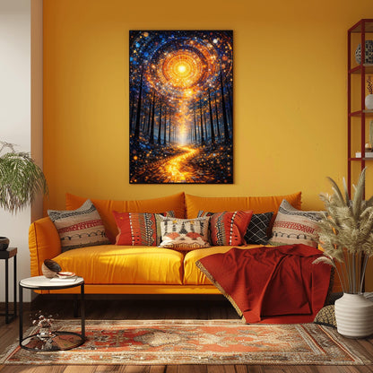 A vertical, highly detailed Art Nouveau illustration featuring a winding golden mosaic path leading through a dark forest toward a bright light. Above, a massive circular portal in the sky is made of intricate mosaic tiles in gold and blue. The scene is filled with shimmering golden stardust.