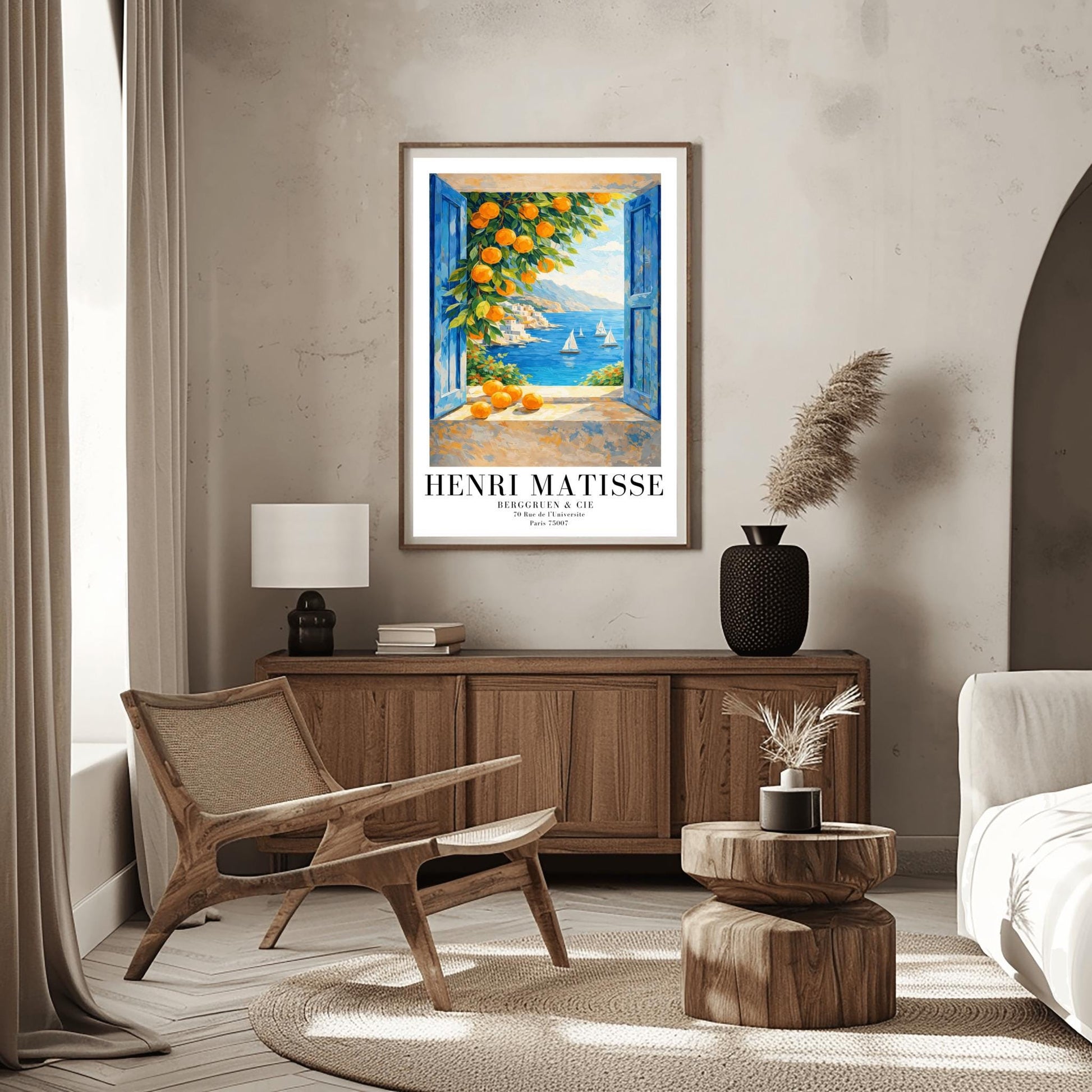 A vertical painterly illustration of a view through an open window with blue shutters. A branch with many bright oranges hangs in the top left. Outside, white sailboats float on a deep blue sea next to a white hillside village and mountains.
