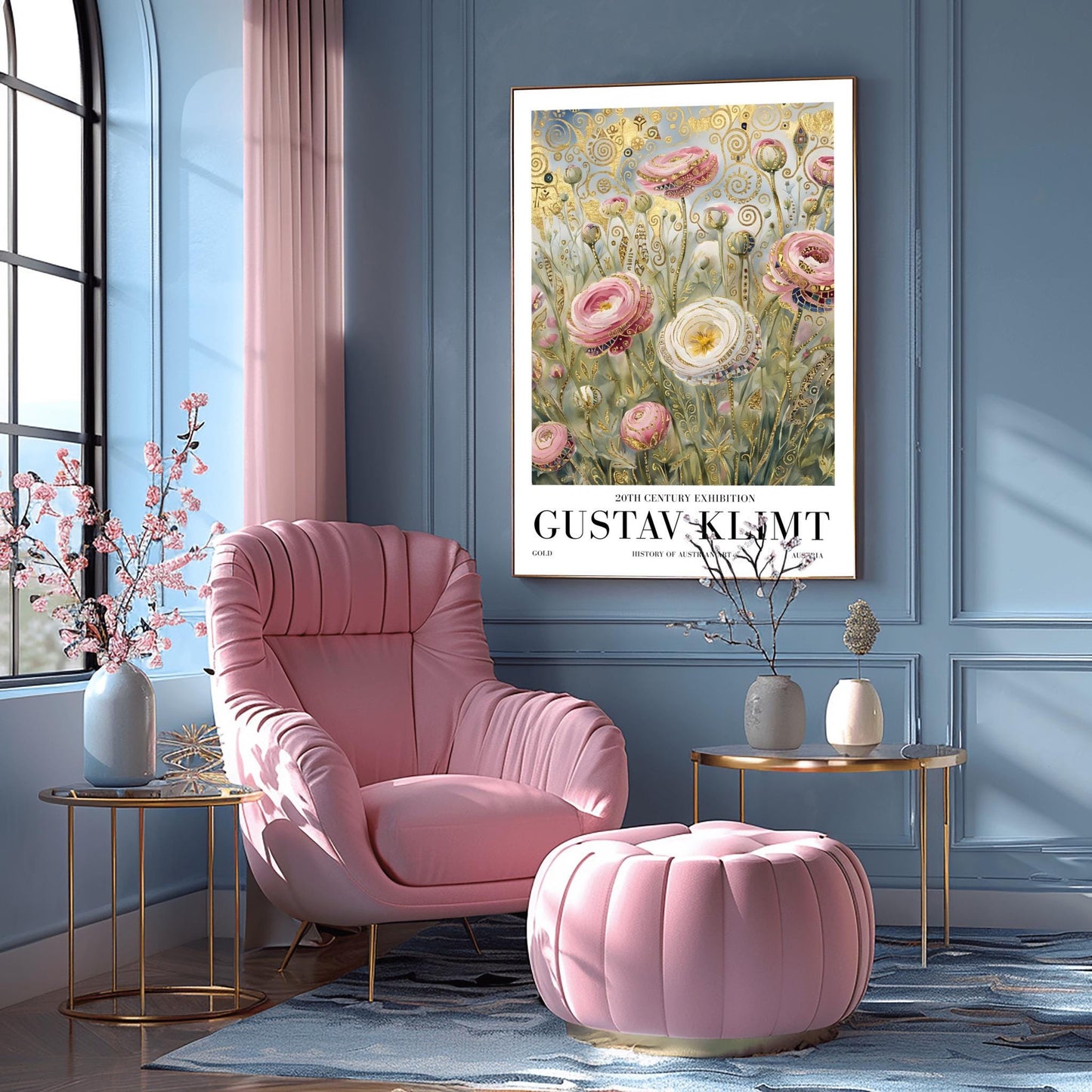 A vertical museum exhibition poster in the style of Gustav Klimt. Large pink and white roses with golden edges grow in a field. The background is filled with ornate gold leaf spirals and geometric patterns against a soft light-blue sky. Bold black text at the bottom reads "GUSTAV KLIMT" and "BOTANICAL EXCELLENCE."