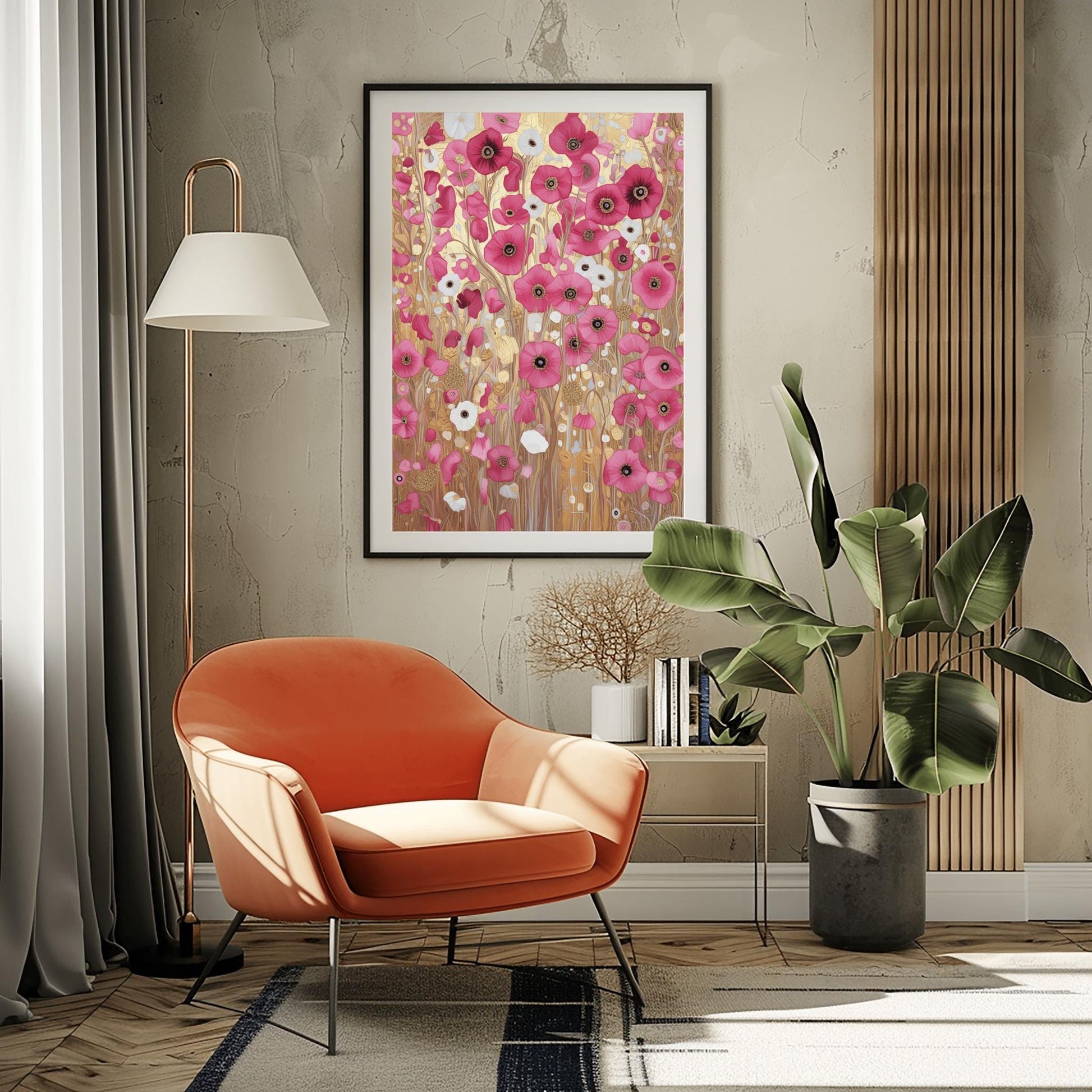 A vertical fine art print in the style of Gustav Klimt. A dense field of vibrant pink and soft white poppies grows against a shimmering, ornate gold leaf background. The scene is filled with golden spirals, geometric patterns, and delicate stems, creating a rich, mosaic-like floral tapestry.