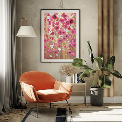 A vertical fine art print in the style of Gustav Klimt. A dense field of vibrant pink and soft white poppies grows against a shimmering, ornate gold leaf background. The scene is filled with golden spirals, geometric patterns, and delicate stems, creating a rich, mosaic-like floral tapestry.