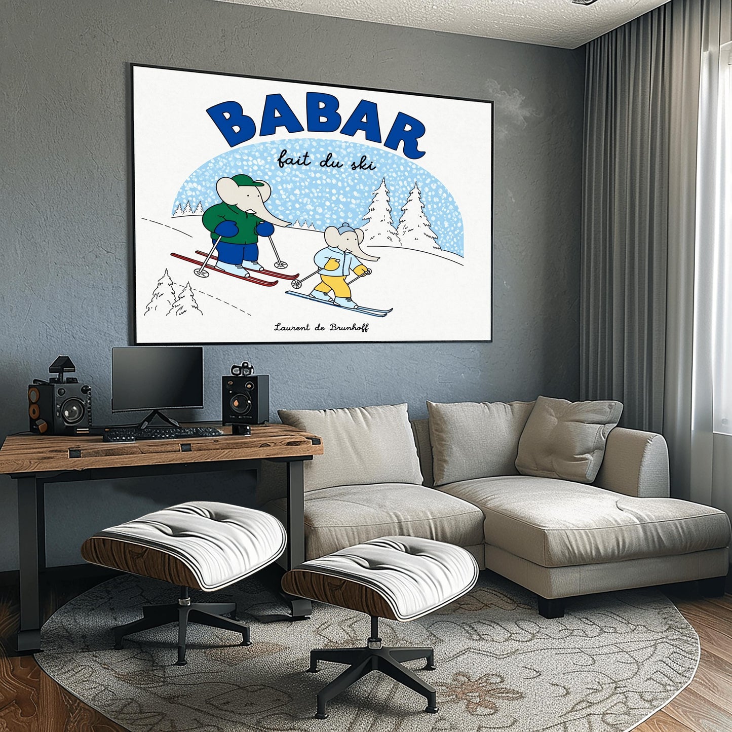 A horizontal children's art print featuring two cartoon elephants skiing down a white hill from left to right. The larger elephant, Babar, is in a green jacket with red skis. The smaller elephant is in a light blue jacket with blue skis. A large blue arch in the background represents a sky filled with white snow. Bold blue text at the top reads "BABAR" and script text below it says "fait du ski." The name "Laurent de Brunhoff" is centered at the bottom.