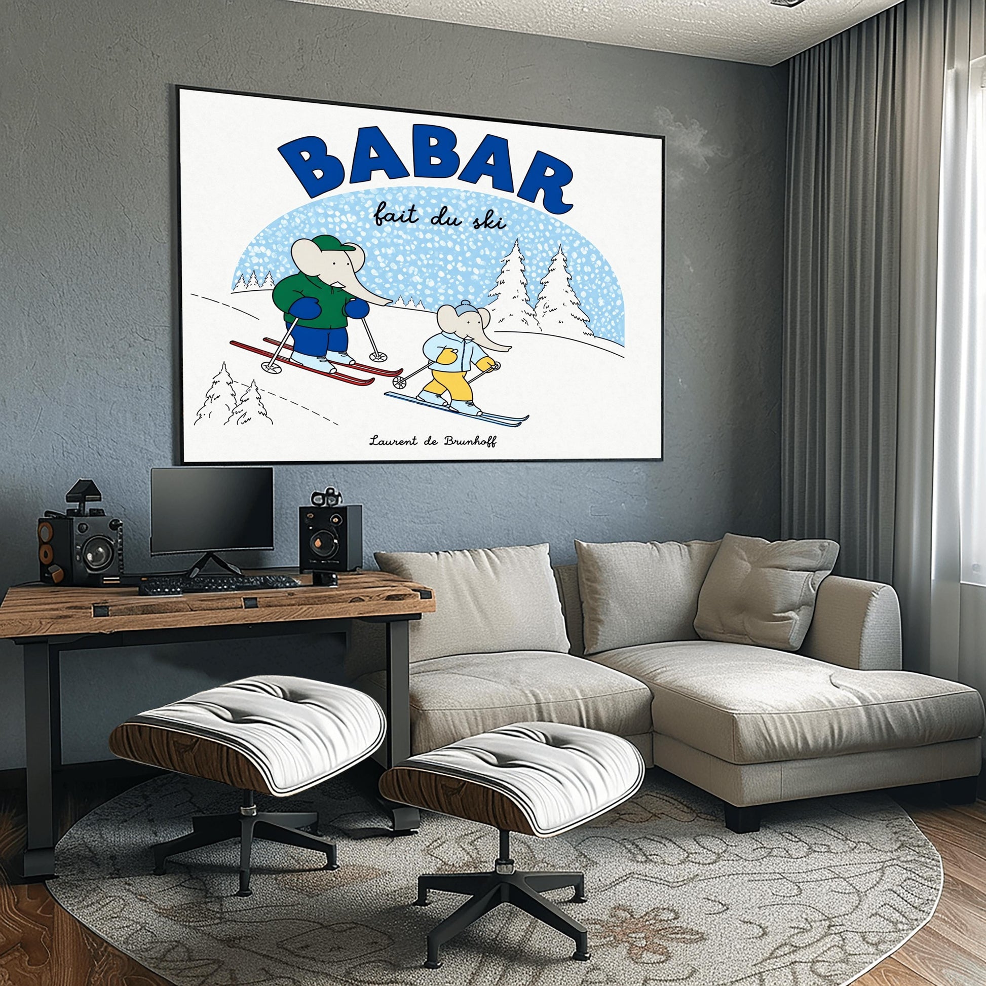 A horizontal children's art print featuring two cartoon elephants skiing down a white hill from left to right. The larger elephant, Babar, is in a green jacket with red skis. The smaller elephant is in a light blue jacket with blue skis. A large blue arch in the background represents a sky filled with white snow. Bold blue text at the top reads "BABAR" and script text below it says "fait du ski." The name "Laurent de Brunhoff" is centered at the bottom.