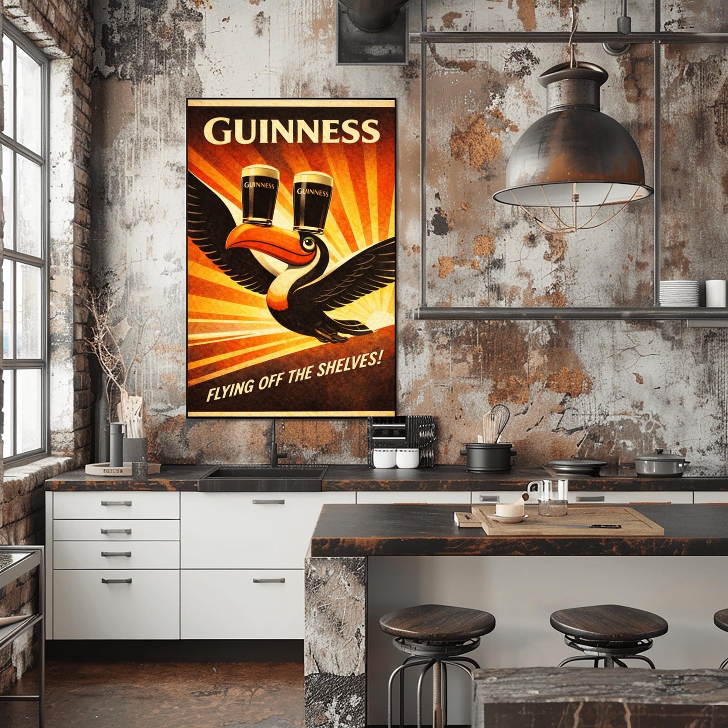 A vertical vintage-style advertising poster for Guinness. A toucan flies upward towards the top left, balancing two pints of beer on its beak. A large orange sunburst radiates from the bottom right background. Text at the top reads "GUINNESS" and the bottom reads "FLYING OFF THE SHELVES!"