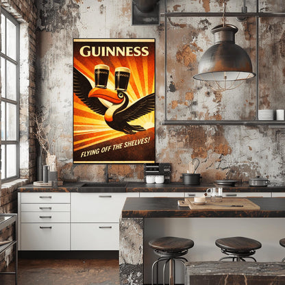 A vertical vintage-style advertising poster for Guinness. A toucan flies upward towards the top left, balancing two pints of beer on its beak. A large orange sunburst radiates from the bottom right background. Text at the top reads "GUINNESS" and the bottom reads "FLYING OFF THE SHELVES!"