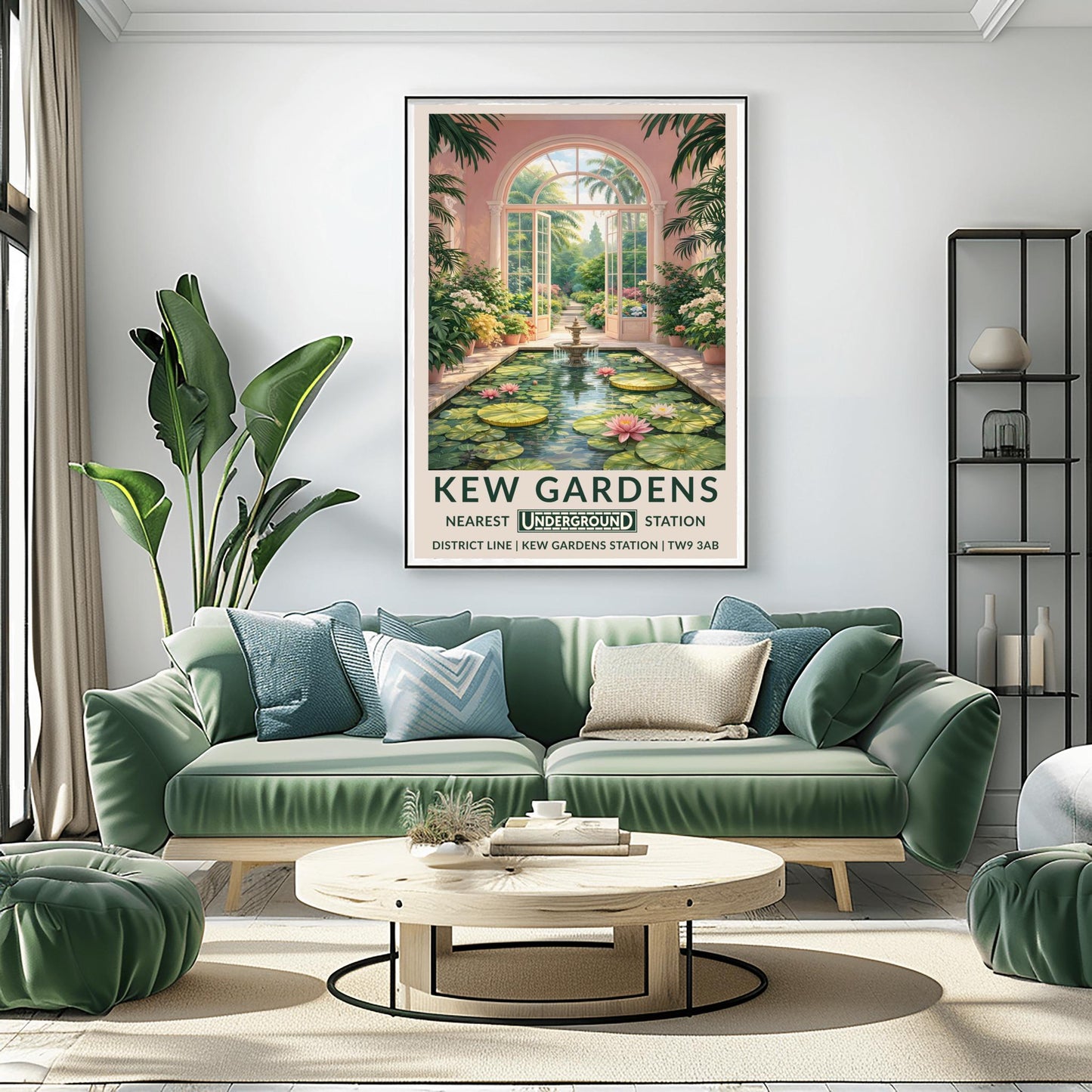 A vertical vintage travel poster for Kew Gardens. The scene is an interior view of a pink-walled conservatory featuring a long rectangular pond filled with lily pads and pink water lilies. A tiered stone fountain stands in the water. Large arched glass doors are open in the center, revealing a sun-drenched garden path lined with flowers and palm trees. The bottom features a cream border with bold green text: "KEW GARDENS" and "NEAREST UNDERGROUND STATION" with District Line details.