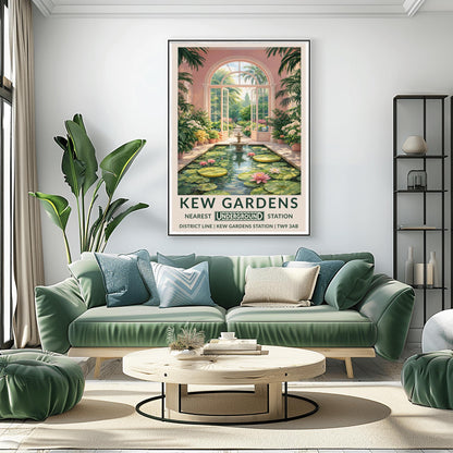 A vertical vintage travel poster for Kew Gardens. The scene is an interior view of a pink-walled conservatory featuring a long rectangular pond filled with lily pads and pink water lilies. A tiered stone fountain stands in the water. Large arched glass doors are open in the center, revealing a sun-drenched garden path lined with flowers and palm trees. The bottom features a cream border with bold green text: "KEW GARDENS" and "NEAREST UNDERGROUND STATION" with District Line details.