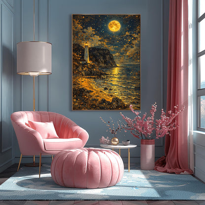 A vertical museum exhibition poster in the style of Gustav Klimt. A white lighthouse stands on a rugged cliff overlooking a dark ocean at night. A massive golden moon with mosaic patterns fills the top of the sky, reflecting on the waves. Bold black text at the bottom reads "GUSTAV KLIMT."