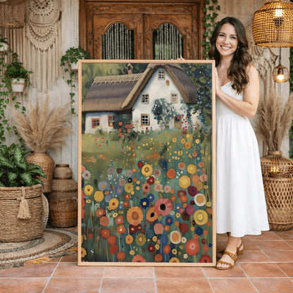 A vertical oil painting in the style of Gustav Klimt. A white-washed cottage with a brown thatched roof sits behind a dense field of colorful, circular wildflowers in shades of orange, red, blue, and yellow. The style features heavy, decorative textures and subtle golden highlights throughout the garden and roof.