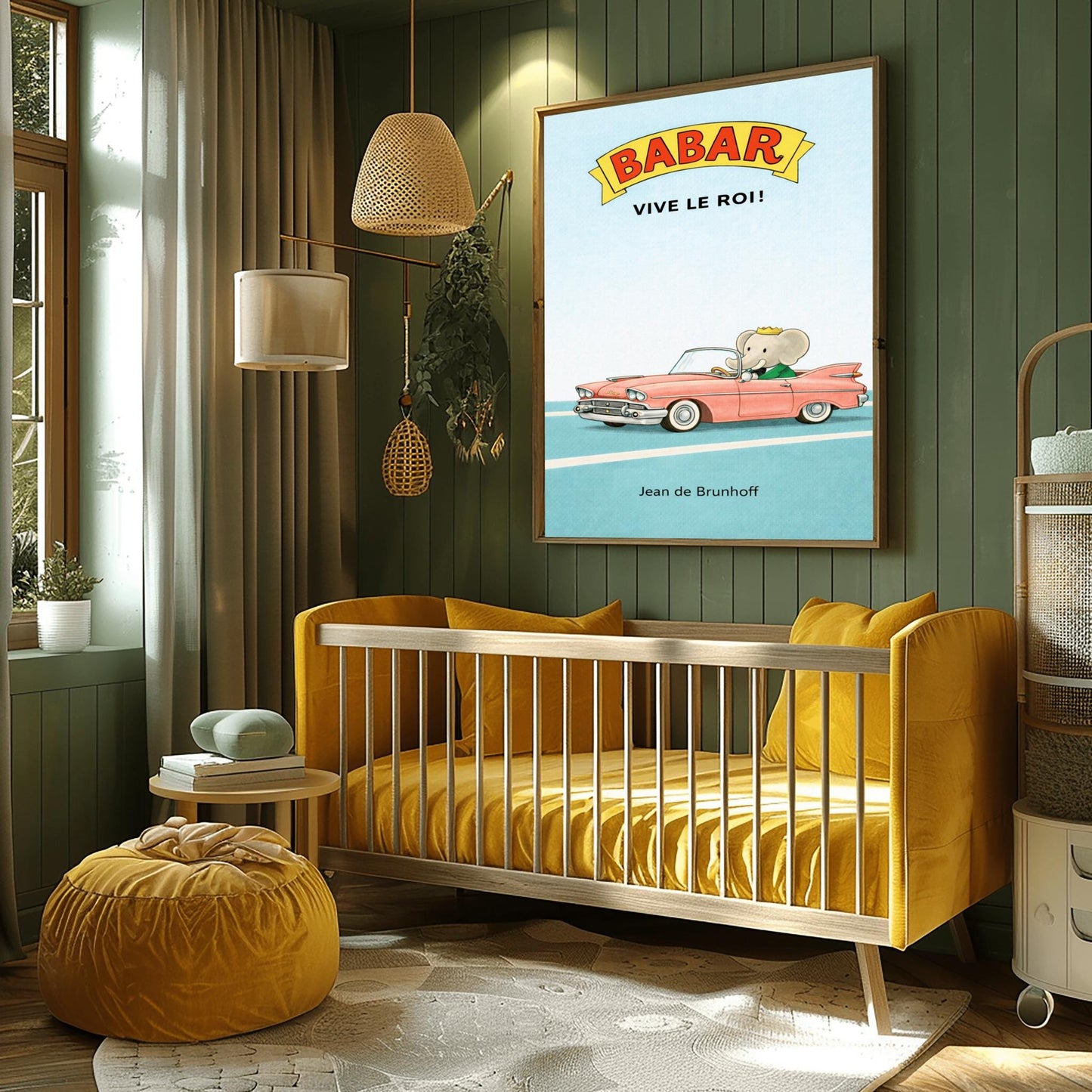 A vertical children's illustration poster. At the top, a yellow banner reads "BABAR" in red letters, with "VIVE LE ROI!" written in black below it. At the bottom, King Babar in a green suit and crown is driving a large, salmon-pink vintage convertible car with white tires. The car is on a simple blue road with white lines, and the background is a solid light blue sky. The name "Jean de Brunhoff" is at the bottom.