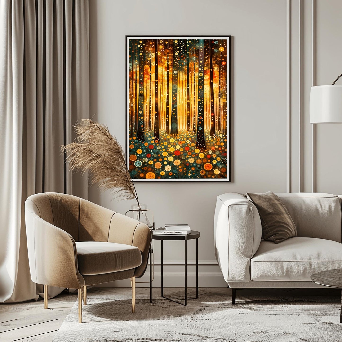 A vertical fine art print in the style of Gustav Klimt. Dark, slender tree trunks are decorated with various golden and colorful concentric circles. The forest floor is covered in similar circular floral patterns. A bright, warm golden light glows from the background, creating a high-contrast, ornate night forest scene.