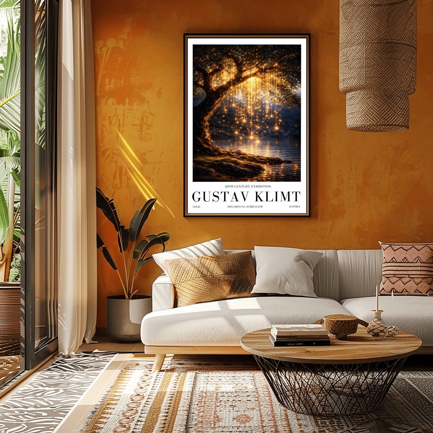 A vertical full-bleed illustration of a weeping willow tree at night in the style of Gustav Klimt. The branches hang down like strings of golden lights over a dark lake. The water reflects the golden glow, and the tree stands on a mossy bank against a dark forest background.