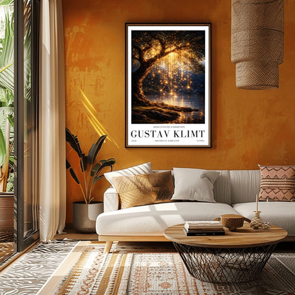A vertical full-bleed illustration of a weeping willow tree at night in the style of Gustav Klimt. The branches hang down like strings of golden lights over a dark lake. The water reflects the golden glow, and the tree stands on a mossy bank against a dark forest background.