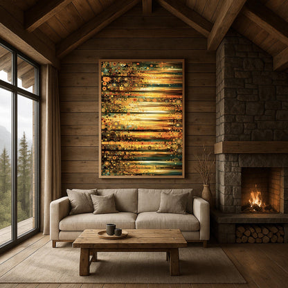 A horizontal abstract fine art print in the style of Gustav Klimt. The composition is made of horizontal bands of light and dark. Each band is filled with thousands of small mosaic circles and geometric patterns in shades of gold, amber, dark green, and teal. The center glows with a bright, sun-like yellow light.