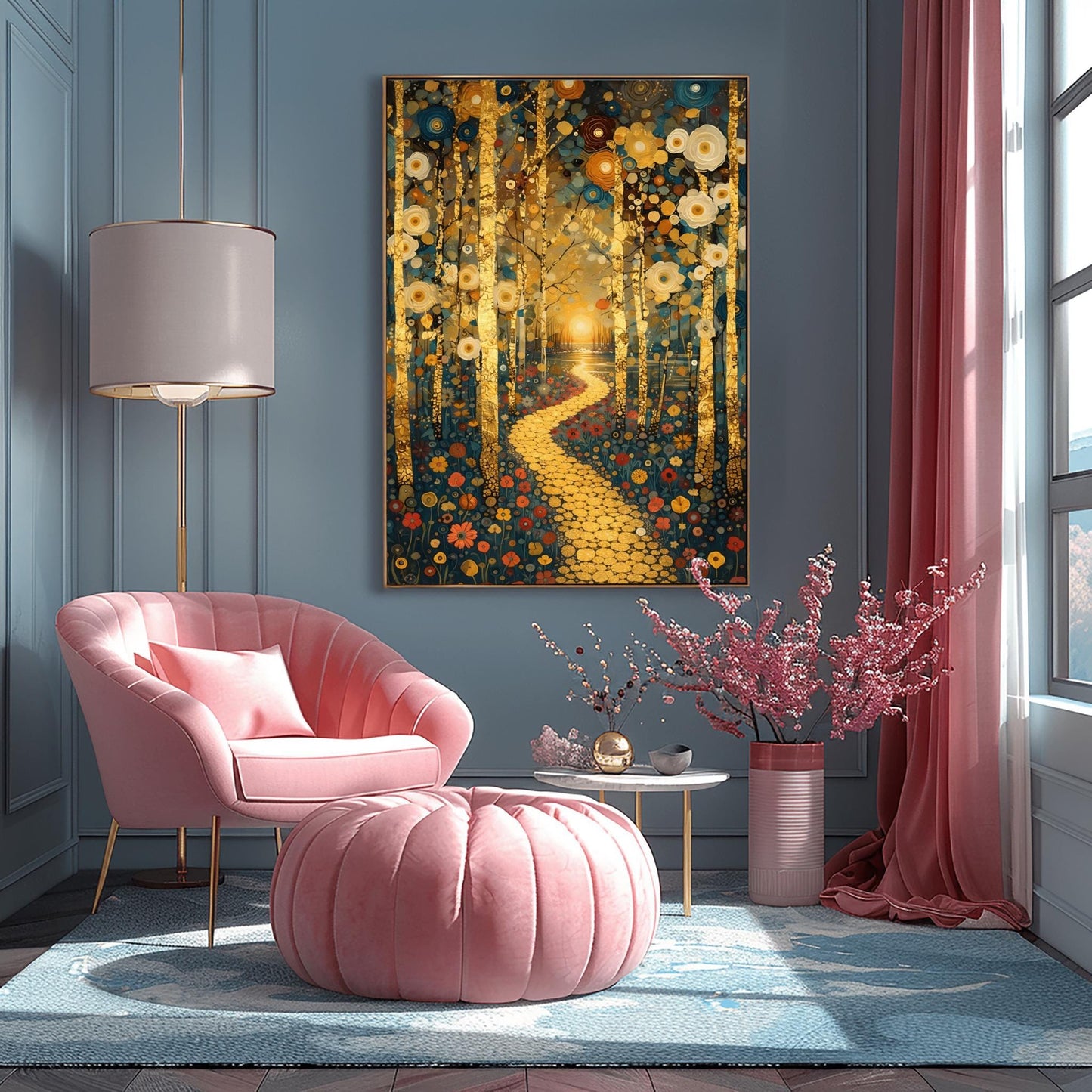 A vertical fine art landscape in the style of Gustav Klimt. Textured gold leaf birch trees frame a winding path made of golden mosaic discs. The path leads toward a sun setting over a lake in the background. The scene is filled with stylized flowers on the ground and decorative blue and cream circular motifs in the sky.