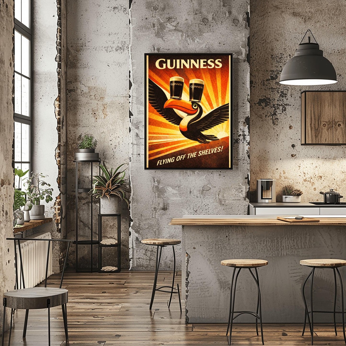 A vertical vintage-style advertising poster for Guinness. A toucan flies upward towards the top left, balancing two pints of beer on its beak. A large orange sunburst radiates from the bottom right background. Text at the top reads "GUINNESS" and the bottom reads "FLYING OFF THE SHELVES!"