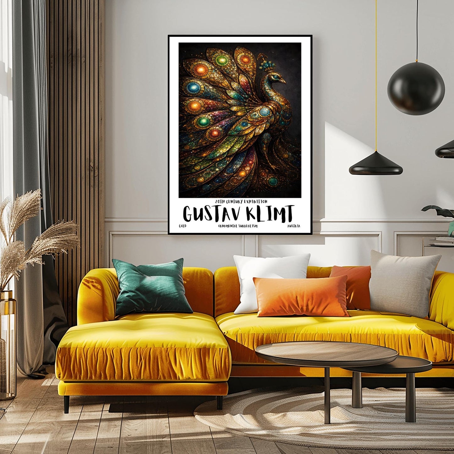 A vertical exhibition poster for Gustav Klimt. A peacock is shown in profile with a large, spread-out tail made of golden mosaic patterns and glowing jewel-toned circles in green, blue, and amber. The background is dark, and the bottom features bold text reading "GUSTAV KLIMT."