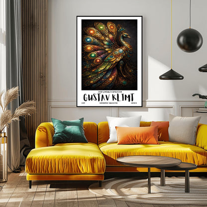A vertical exhibition poster for Gustav Klimt. A peacock is shown in profile with a large, spread-out tail made of golden mosaic patterns and glowing jewel-toned circles in green, blue, and amber. The background is dark, and the bottom features bold text reading "GUSTAV KLIMT."
