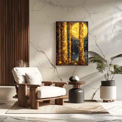 A vertical art print in the style of Gustav Klimt. Two tall tree trunks in the foreground are covered in a dense, golden mosaic of squares, circles, and intricate geometric patterns. In the background, a large, glowing golden moon with swirling patterns hangs in a dark blue forest. The entire scene is filled with shimmering golden light particles and soft bokeh orbs, creating a luminous and magical atmosphere.