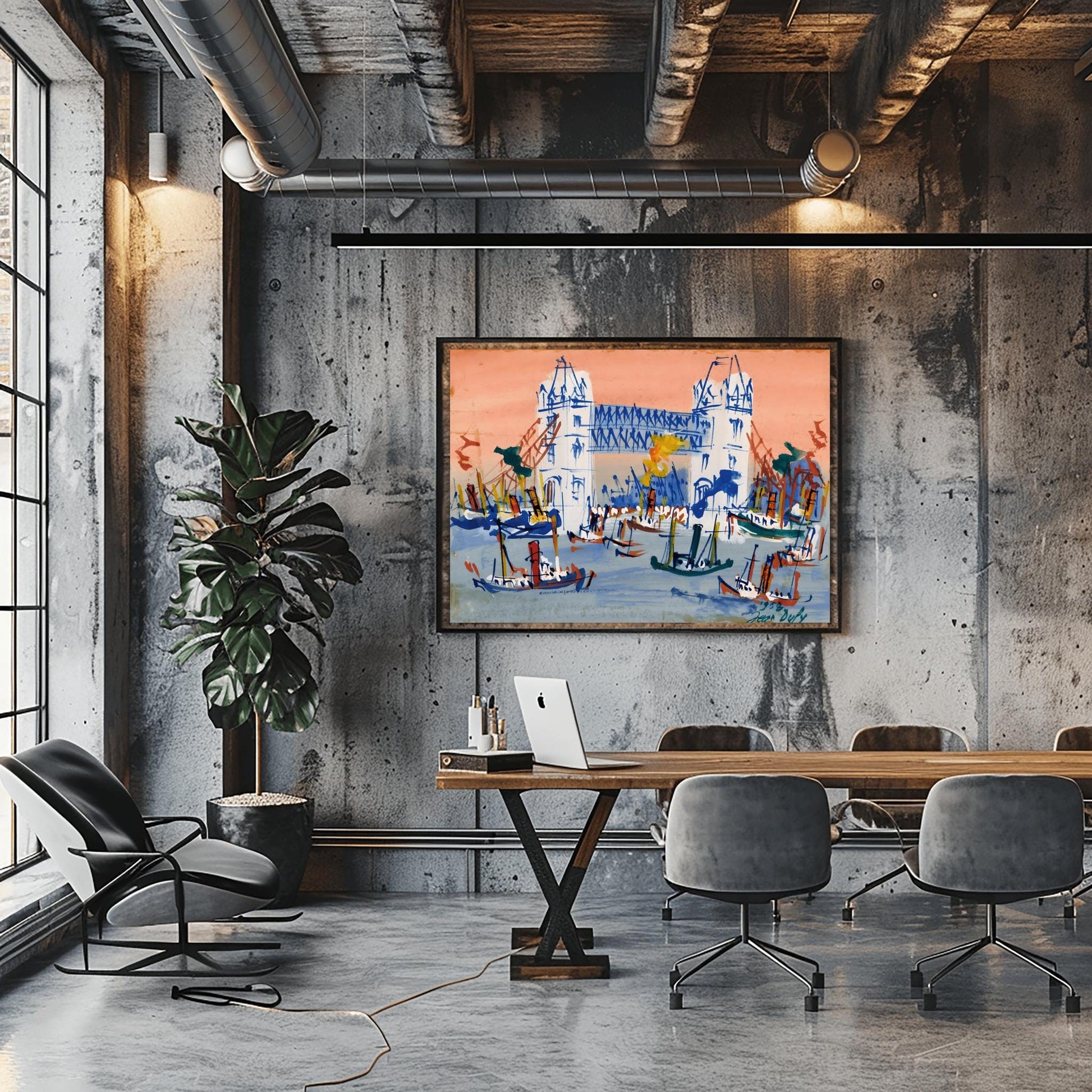 A horizontal expressionist painting of Tower Bridge in London by Jean Dufy. The bridge is rendered in white and blue lines against a coral pink sky. The River Thames in the foreground is filled with many small, sketchy blue and brown boats with smoke stacks.