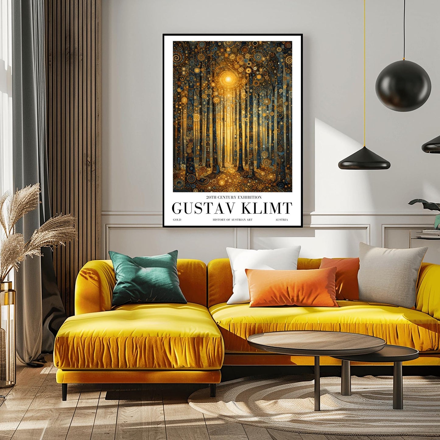 A vertical museum exhibition poster in the style of Gustav Klimt. A forest of slender trees is rendered in complex gold and dark blue mosaic patterns. A bright golden sun glows in the center, and the ground is covered in golden circular patterns. Bold black text at the bottom reads "GUSTAV KLIMT" and "20TH CENTURY EXHIBITION."