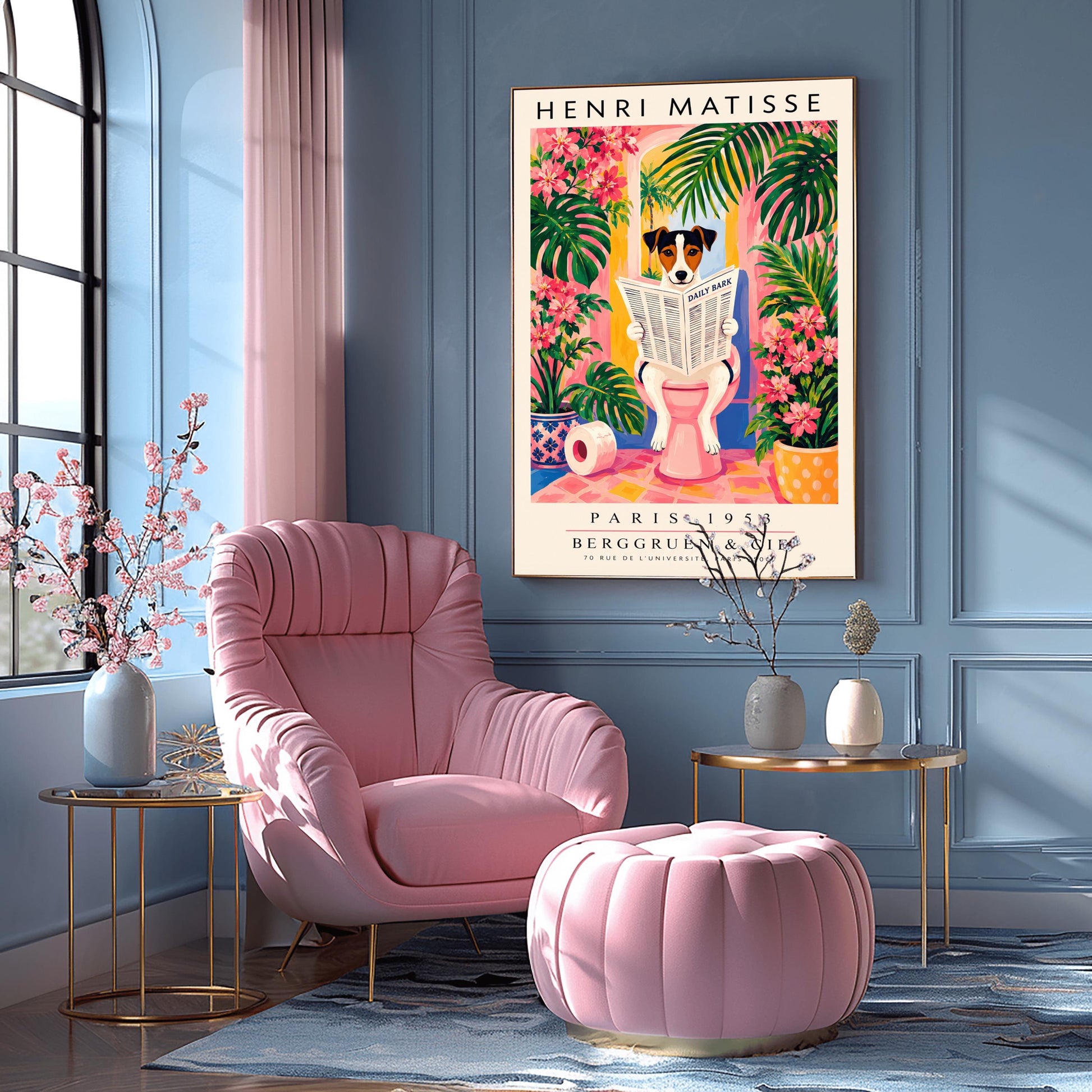 A vertical vintage-style art exhibition poster titled "HENRI MATISSE" at the top and "PARIS 1953 BERGGRUEN & CIE" at the bottom. The center illustration shows a tri-color Jack Russell Terrier dog sitting on a pink toilet inside a bright pink and yellow bathroom, reading a newspaper titled "DAILY BARK". The background features an open arch window with a tropical palm tree, large green leaves, bright pink flowers, and a roll of toilet paper on the floor.