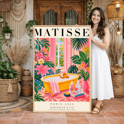 A vertical maximalist art print styled as a Henri Matisse exhibition poster. A small orange and white guinea pig sits in a bright yellow clawfoot bathtub filled with white bubbles. The bathroom is vibrant with pink walls and a pink patterned floor. Lush green monstera plants and pink flowers frame the scene. In the foreground, soap bottles sit on a stack of books next to a pink vase. An open window with pink shutters shows tropical trees in the background.