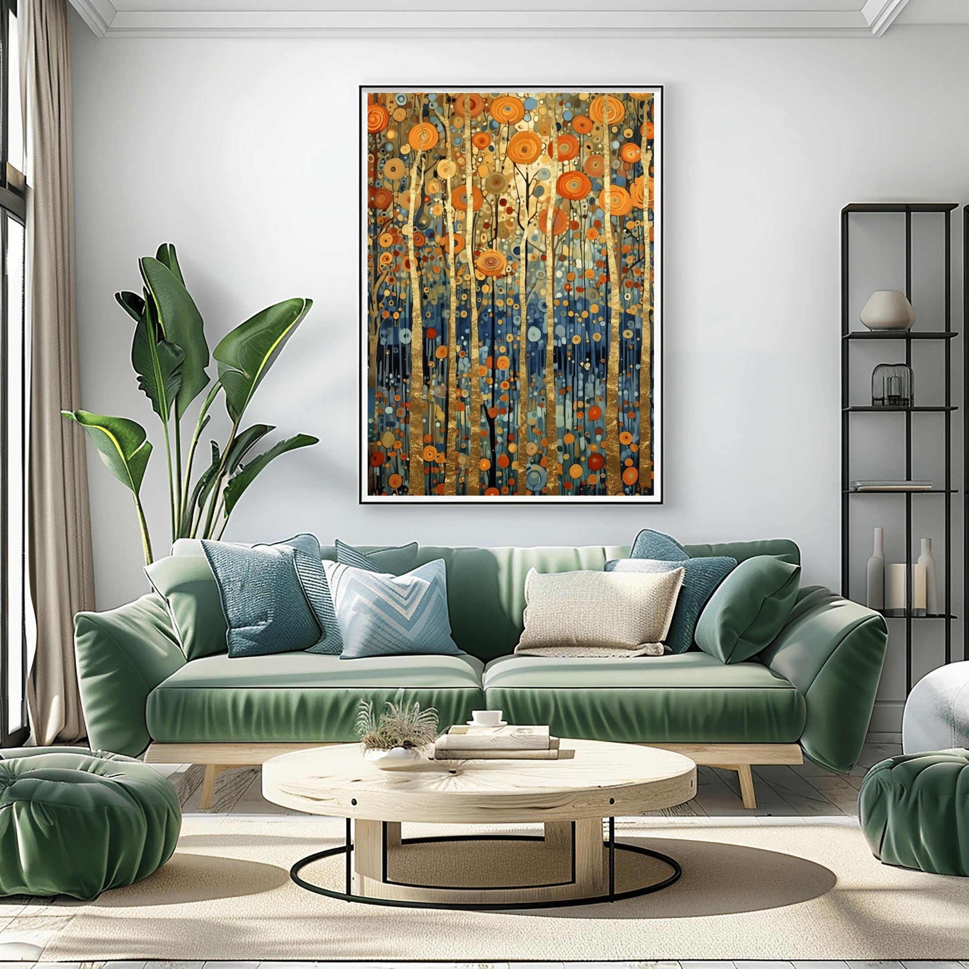 A vertical fine art print in the style of Gustav Klimt. Several slender tree trunks made of solid gold leaf stand vertically against a background of floating, concentric circular patterns in orange, gold, and blue. The bottom of the forest is a deep indigo blue filled with small mosaic dots.