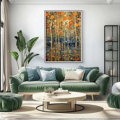A vertical fine art print in the style of Gustav Klimt. Several slender tree trunks made of solid gold leaf stand vertically against a background of floating, concentric circular patterns in orange, gold, and blue. The bottom of the forest is a deep indigo blue filled with small mosaic dots.