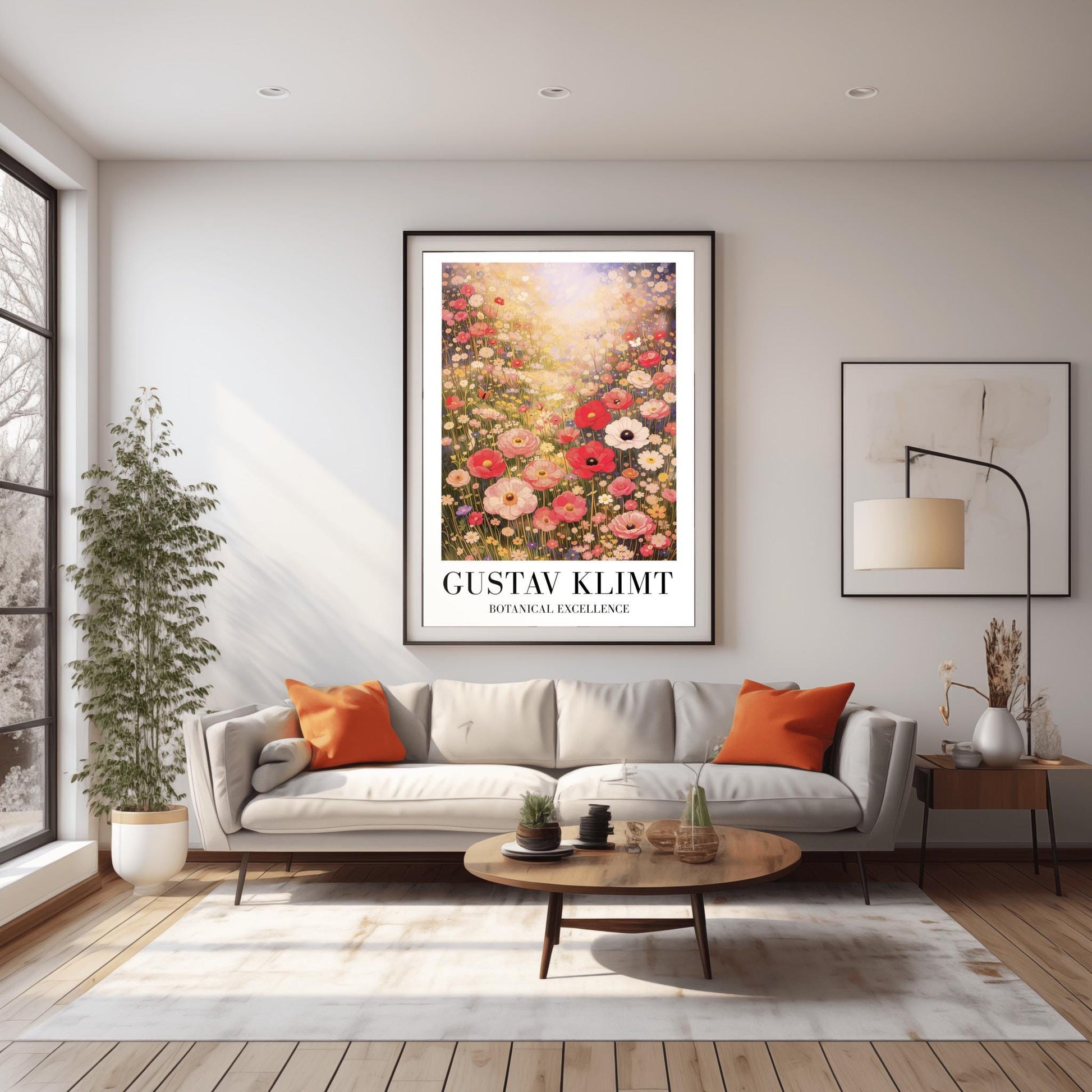 A vertical museum exhibition poster in the style of Gustav Klimt. A vast meadow of pink, red, and white wildflowers is bathed in bright, hazy sunlight from above. Large poppies are in the foreground, with a small butterfly on the left. Below the image, bold black text reads "GUSTAV KLIMT" and "BOTANICAL EXCELLENCE" on a white border.