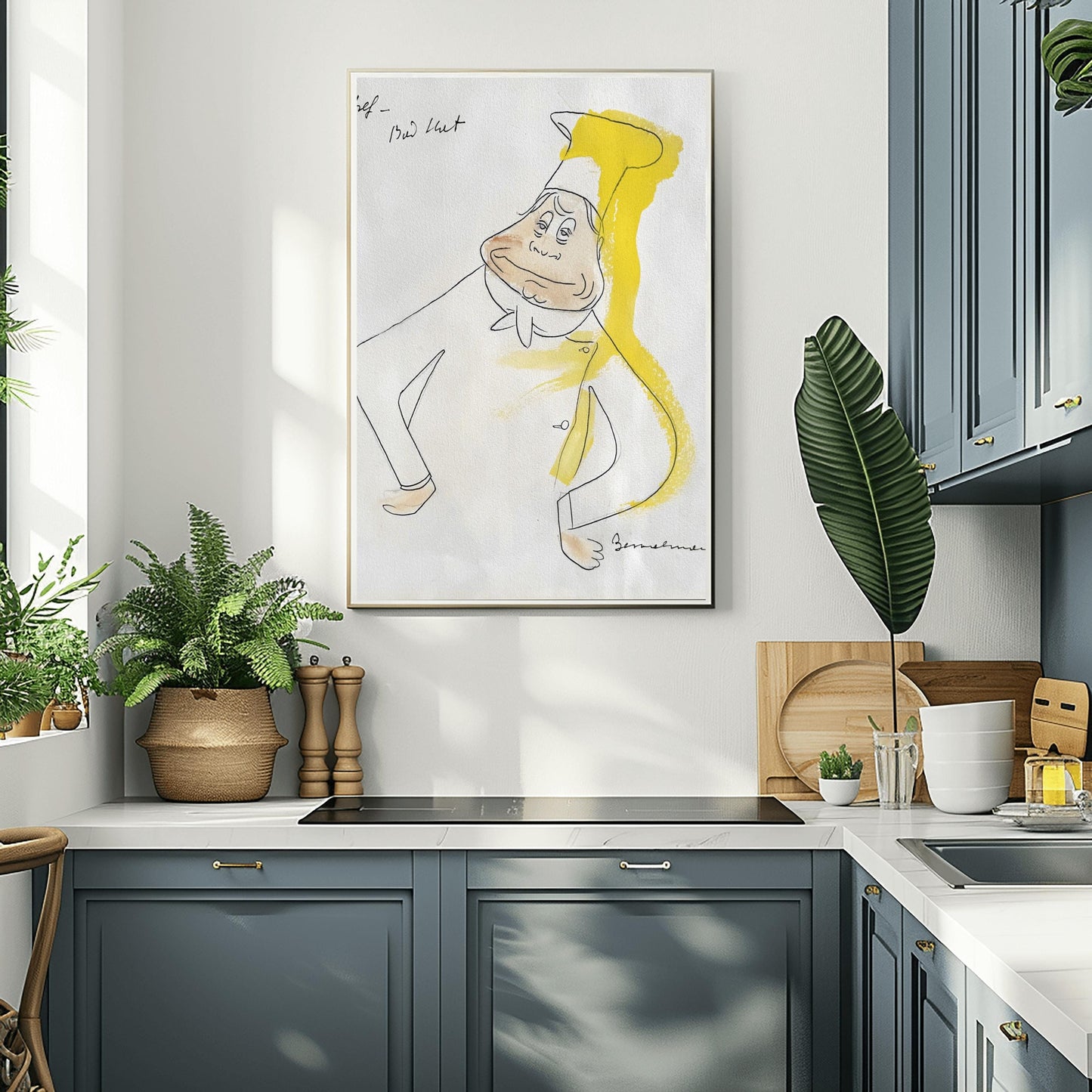 A vertical fine line ink sketch by Ludwig Bemelmans of a smiling chef. The chef has hands on his hips and wears a white uniform with a tall chef's hat. A bright splash of yellow watercolor runs vertically along the right side of his hat and shoulder. Handwritten words "Chef - Bad Hat" are in the top left, and the piece is signed "Bemelmans" in the bottom right corner.