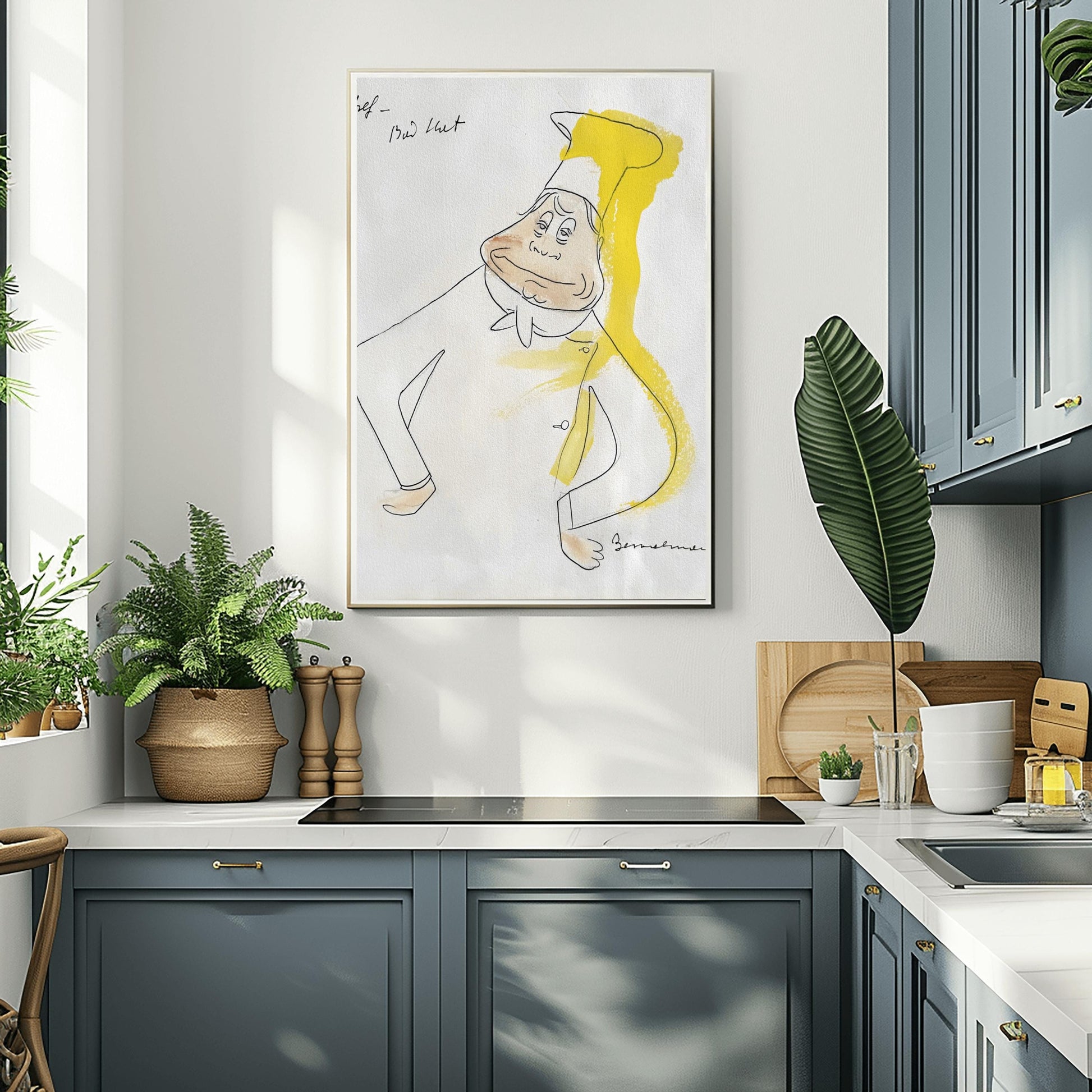 A vertical fine line ink sketch by Ludwig Bemelmans of a smiling chef. The chef has hands on his hips and wears a white uniform with a tall chef's hat. A bright splash of yellow watercolor runs vertically along the right side of his hat and shoulder. Handwritten words "Chef - Bad Hat" are in the top left, and the piece is signed "Bemelmans" in the bottom right corner.