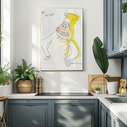 A vertical fine line ink sketch by Ludwig Bemelmans of a smiling chef. The chef has hands on his hips and wears a white uniform with a tall chef's hat. A bright splash of yellow watercolor runs vertically along the right side of his hat and shoulder. Handwritten words "Chef - Bad Hat" are in the top left, and the piece is signed "Bemelmans" in the bottom right corner.
