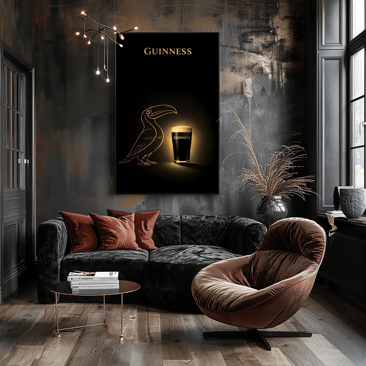 A vertical minimalist poster with a deep black background. In the center, a golden line-art silhouette of a toucan faces a glowing, realistic pint of Guinness beer. The pint has a bright white head and gold text. At the top, the word "GUINNESS" is written in gold.