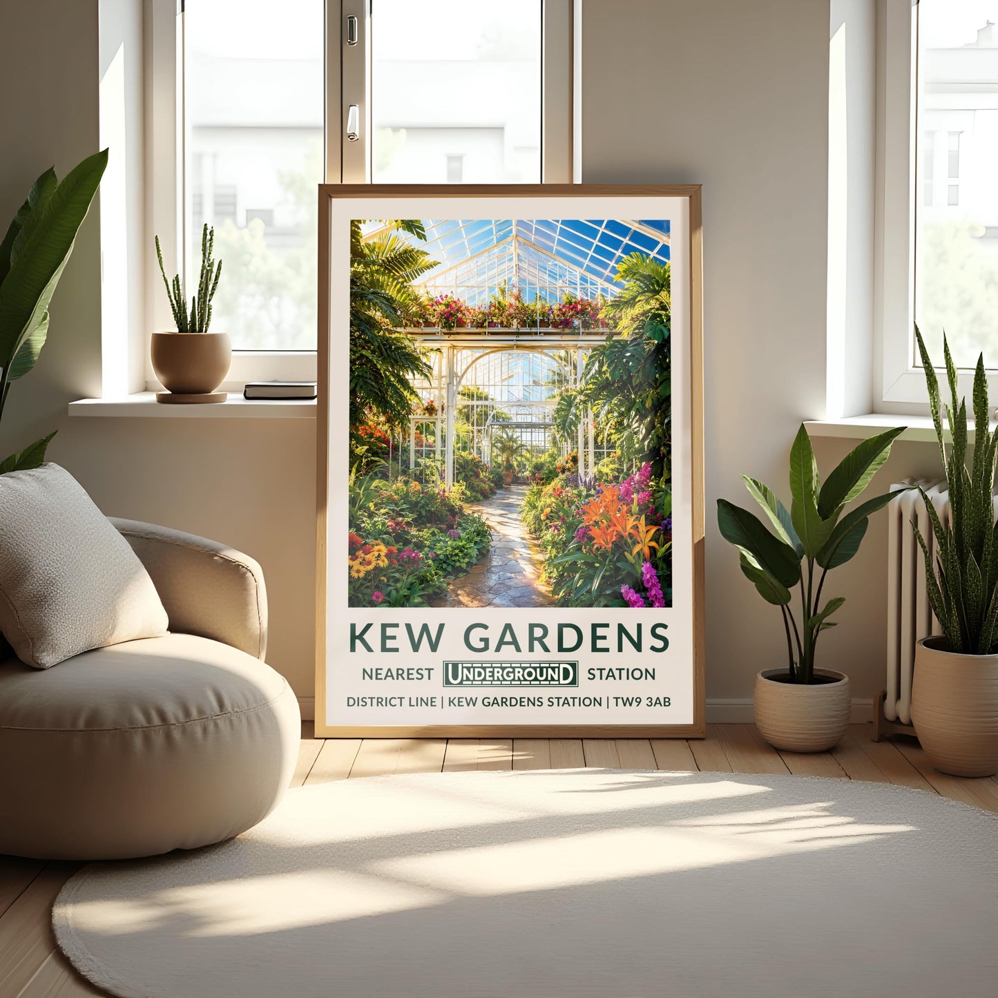 A vertical retro London Underground travel poster for Kew Gardens on a wide cream border. The top image shows a sun-drenched illustration inside a massive Victorian glasshouse conservatory. On the left, an elegant, ornate white wrought-iron spiral staircase winds upward. A pathway curves through a dense jungle of towering green fan palms, highlighted by bright pink and purple orchids and orange flowers.