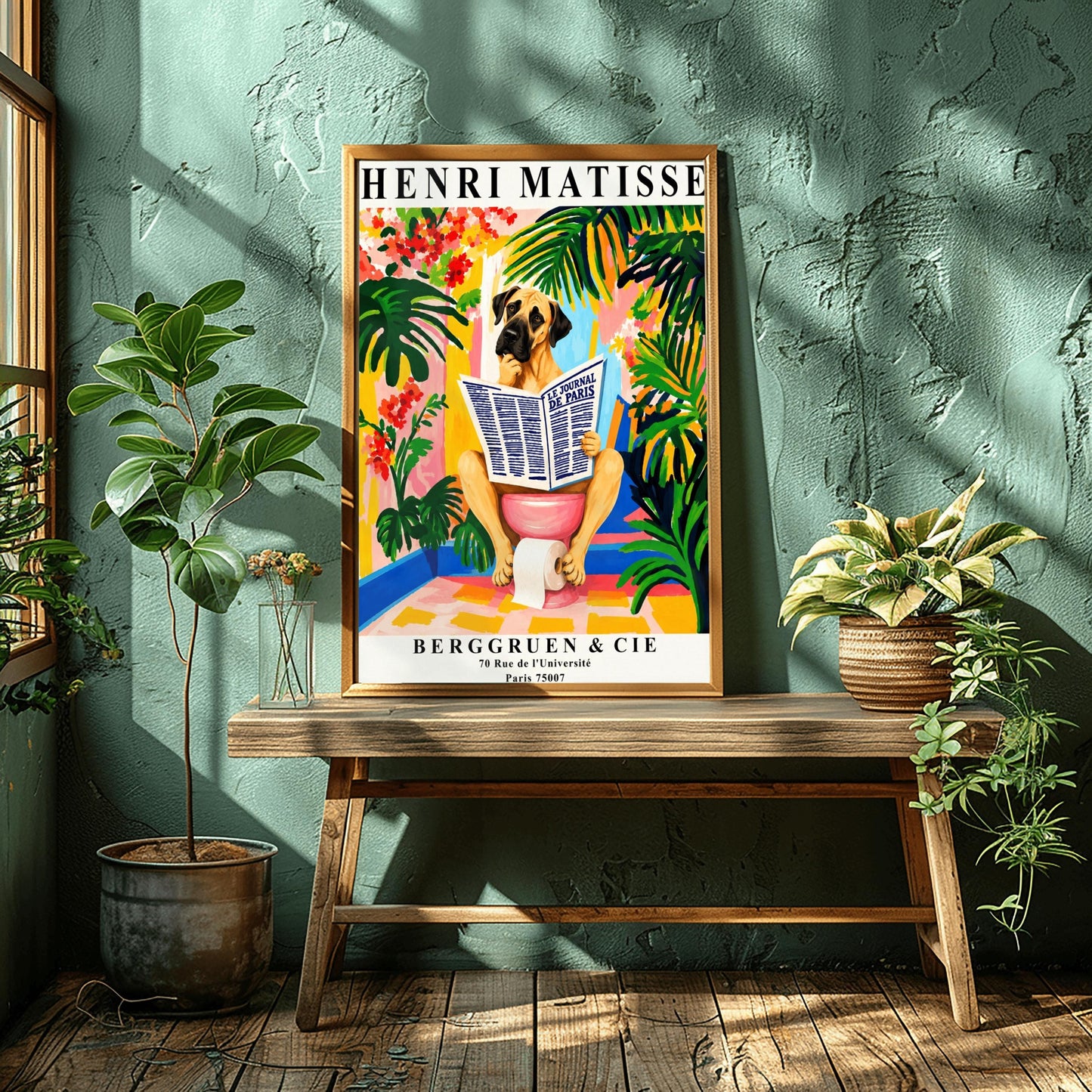 A vertical retro exhibition poster for Henri Matisse set on a wide cream border. The central image shows a colorful, painterly Fauvism illustration of a large Great Dane dog sitting on a pink toilet. The dog has its paw on its chin, thoughtfully reading a large newspaper titled "LE JOURNAL DE PARIS". The background is a vibrant bathroom filled with oversized green monstera leaves, tropical plants, yellow and pink walls, and red flowers.