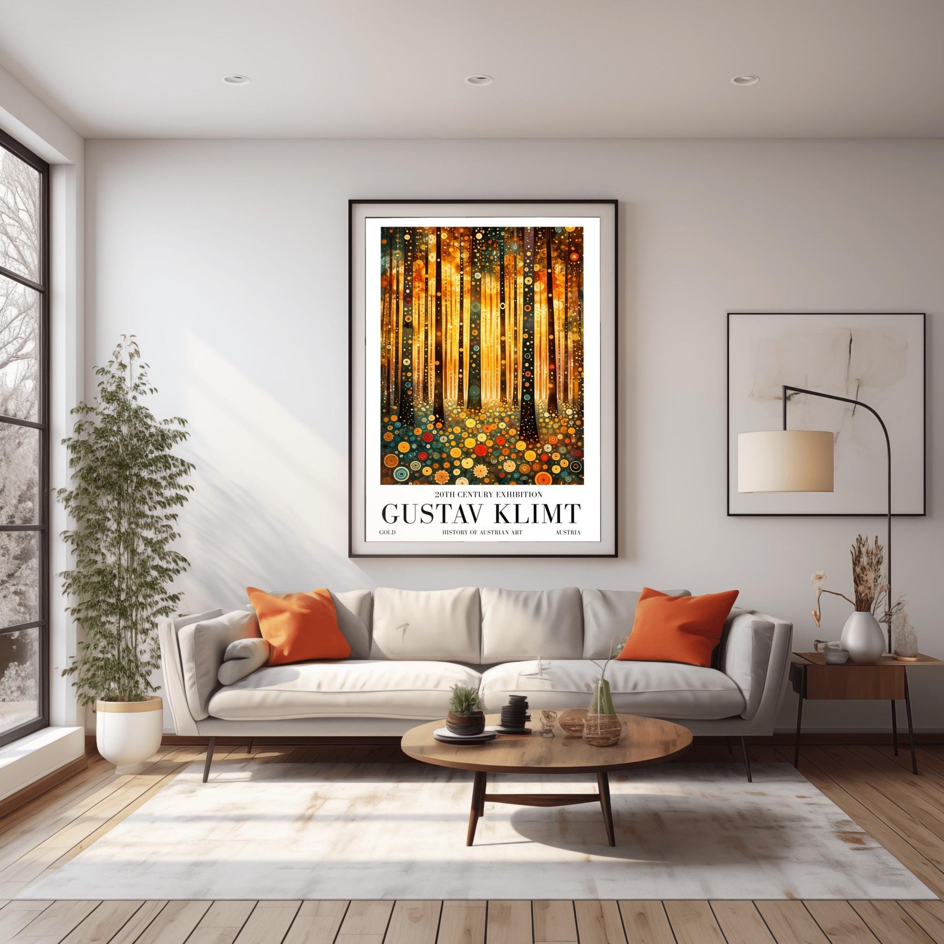 A vertical fine art print in the style of Gustav Klimt. Dark, slender tree trunks are decorated with various golden and colorful concentric circles. The forest floor is covered in similar circular floral patterns. A bright, warm golden light glows from the background, creating a high-contrast, ornate night forest scene.