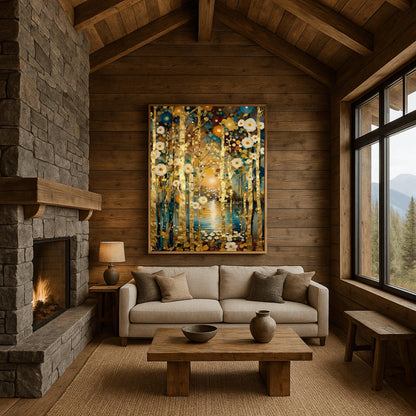 A vertical landscape painting in the style of Gustav Klimt. Slender birch tree trunks with gold-leaf textures stand in a dense forest. The ground is covered in stylized, mosaic-like circular flowers in cream, gold, and teal. In the background, a glowing sun reflects on a dark blue lake. The overall style is rich in texture with heavy impasto brushstrokes and a deep, opulent color palette.